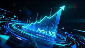 Nasdaq 100 index chart with upward trend.