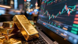 Financial markets: gold, stock ticker, city lights.