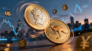 British Pound and Australian Dollar coins in a financial market setting.
