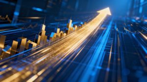 Upward trending streaks of light symbolizing market momentum.