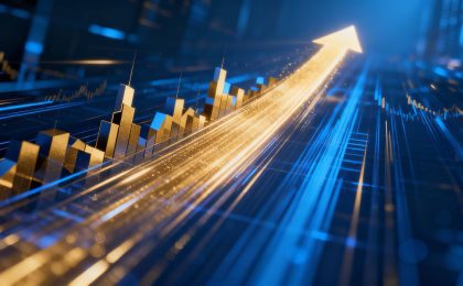 Upward trending streaks of light symbolizing market momentum.