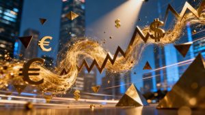 Financial trading abstract with gold, currency, and city elements.