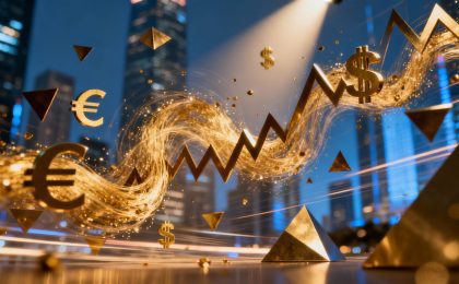 Financial trading abstract with gold, currency, and city elements.